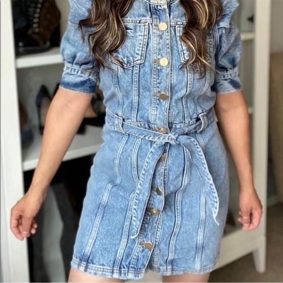 NEW River Island Denim Puff Sleeve Button Down Belted Mini Dress US Size 16 NWT - Picture 2 of 9